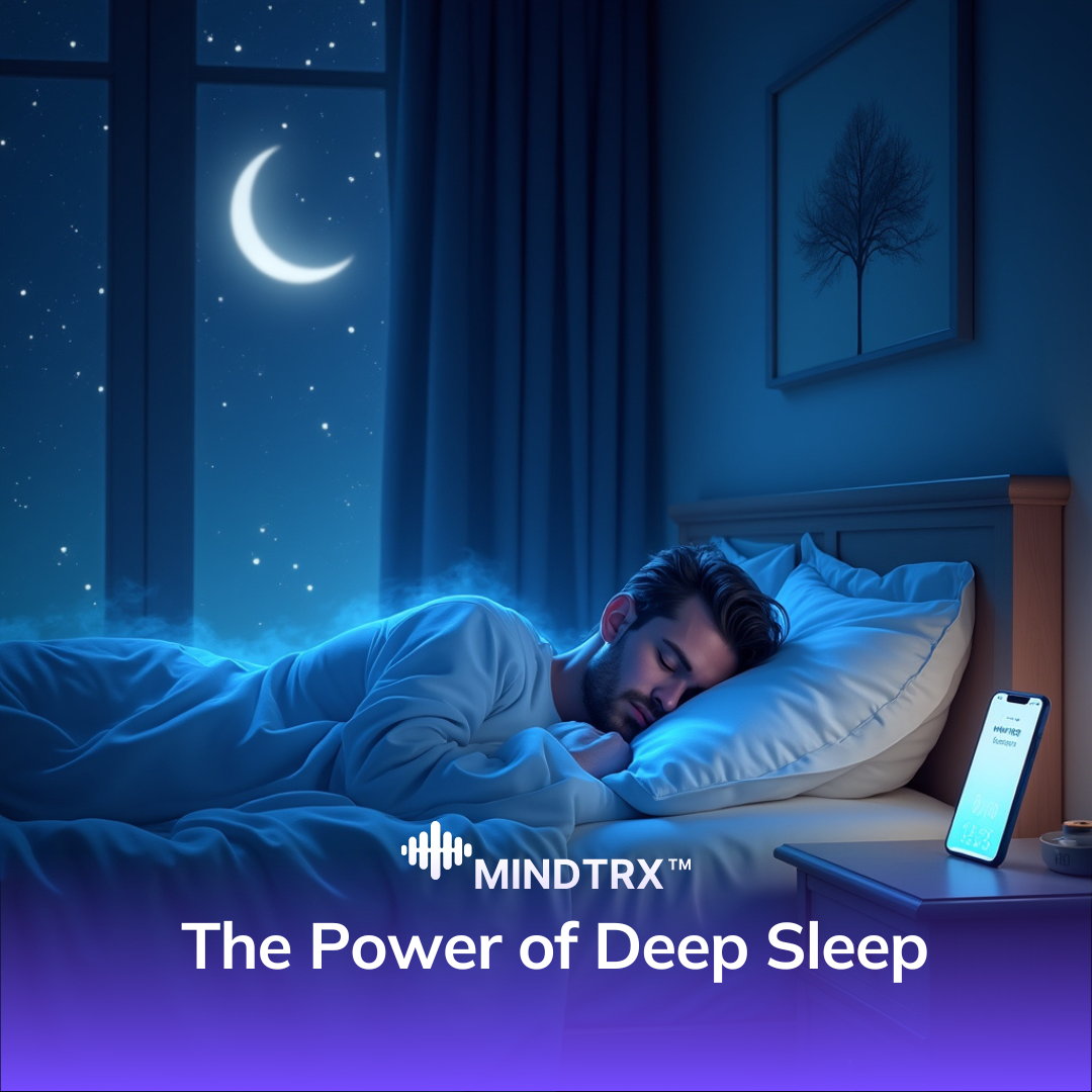 Difficulty Falling Asleep (38) A person resting in a serene, forested area under a glowing full moon, with gentle orbs of light symbolizing calm energy. An app screen displaying 'MINDTRX Sleep Paraliminal' is subtly included in the scene.